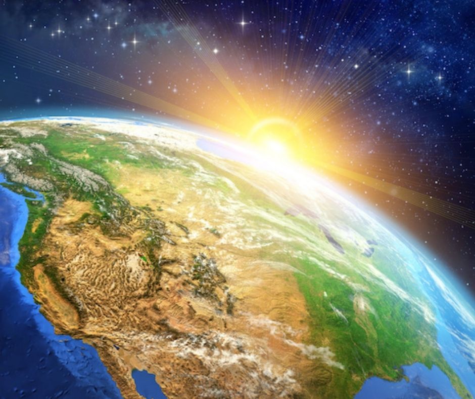 Realistische Erde-Globus-Aufnahme mit Sonnenaufgang über Nordamerika und Sternen im All