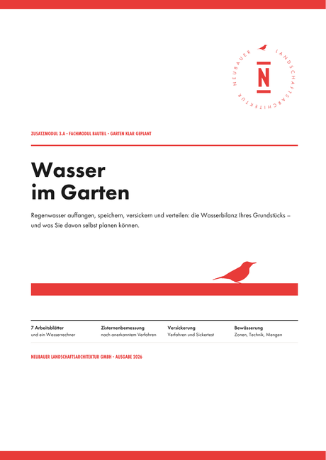 Cover Modul 3.A Wasser im Garten – Garten klar geplant mit rotem Design und Vogel-Illustration