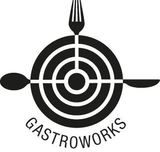 Gastroworks Premium – Coaching für Gastronomiebetriebe 6 Gastroworks Logo mit Gabel, Zielscheibe und Schriftzug