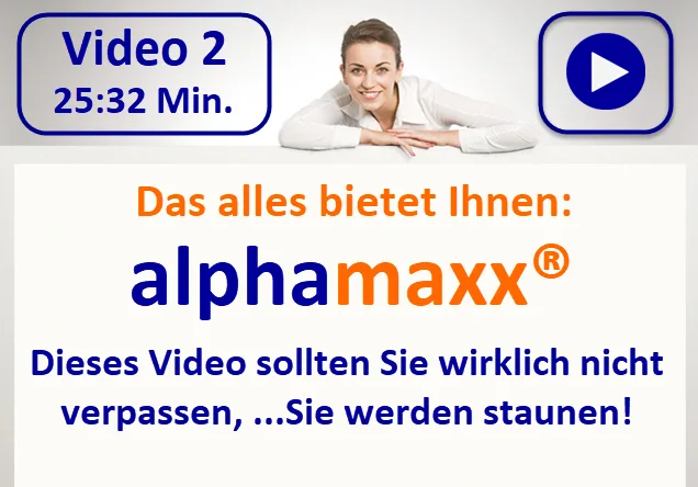 Videostandbild mit Frau und Textoverlay zu alphamaxx Funktionen, 25:32 Min.