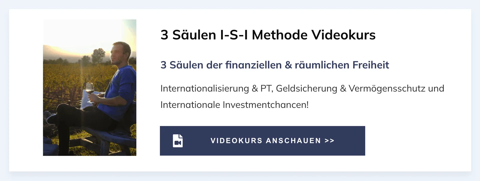 Banner zum 3 Säulen I-S-I Methode Videokurs mit Mann in Weinberg und Call-to-Action Button