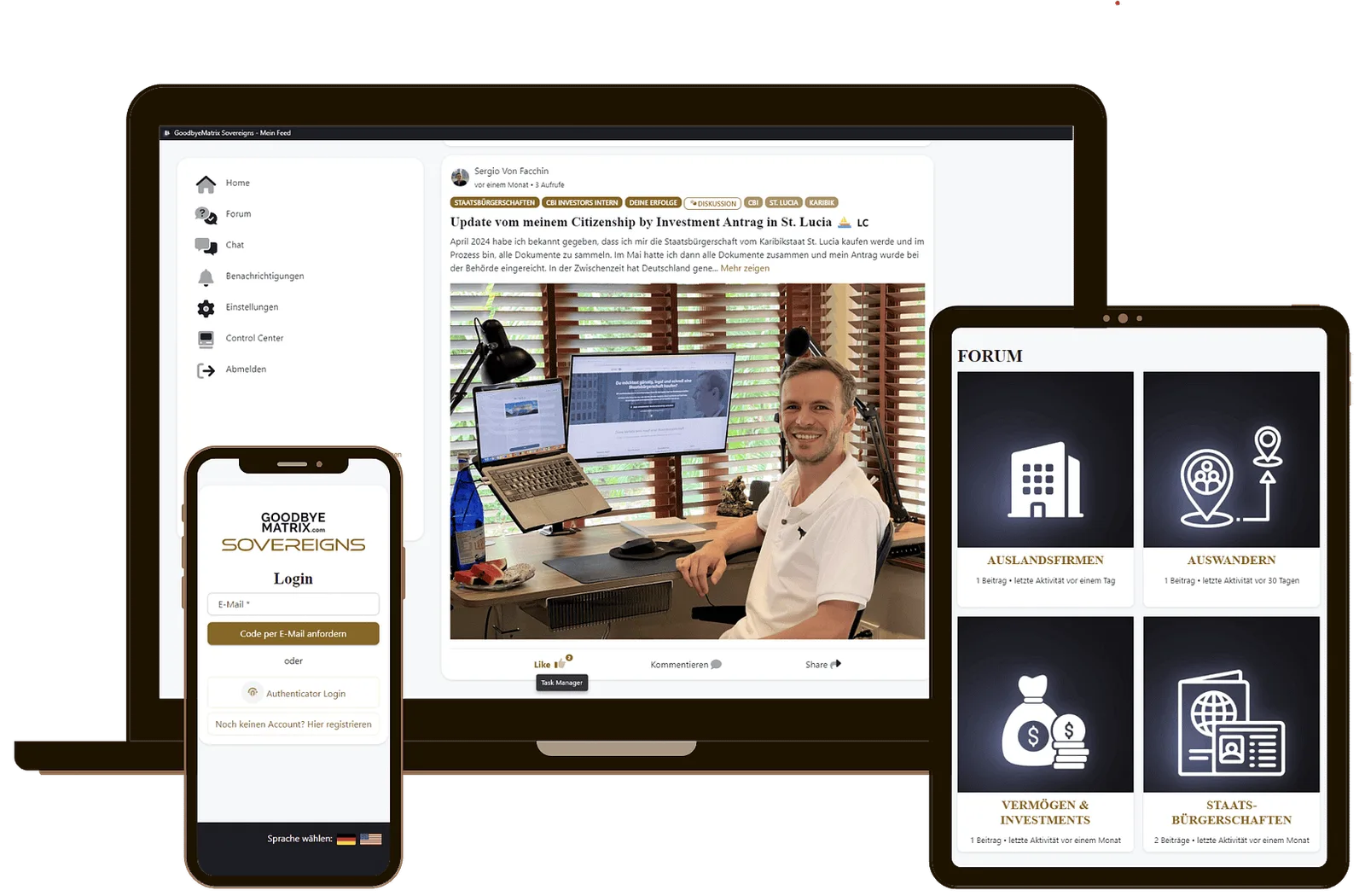 Mockup zeigt GoodbyeMatrix Sovereigns App auf Laptop, Tablet und Smartphone mit Forum und Login-Oberfläche