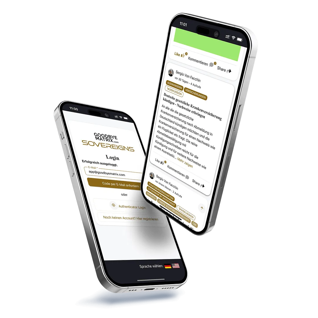 iPhone Mockup zeigt Sovereigns App Login und Forum-Feed mit Beiträgen von Sergio Von Facchin