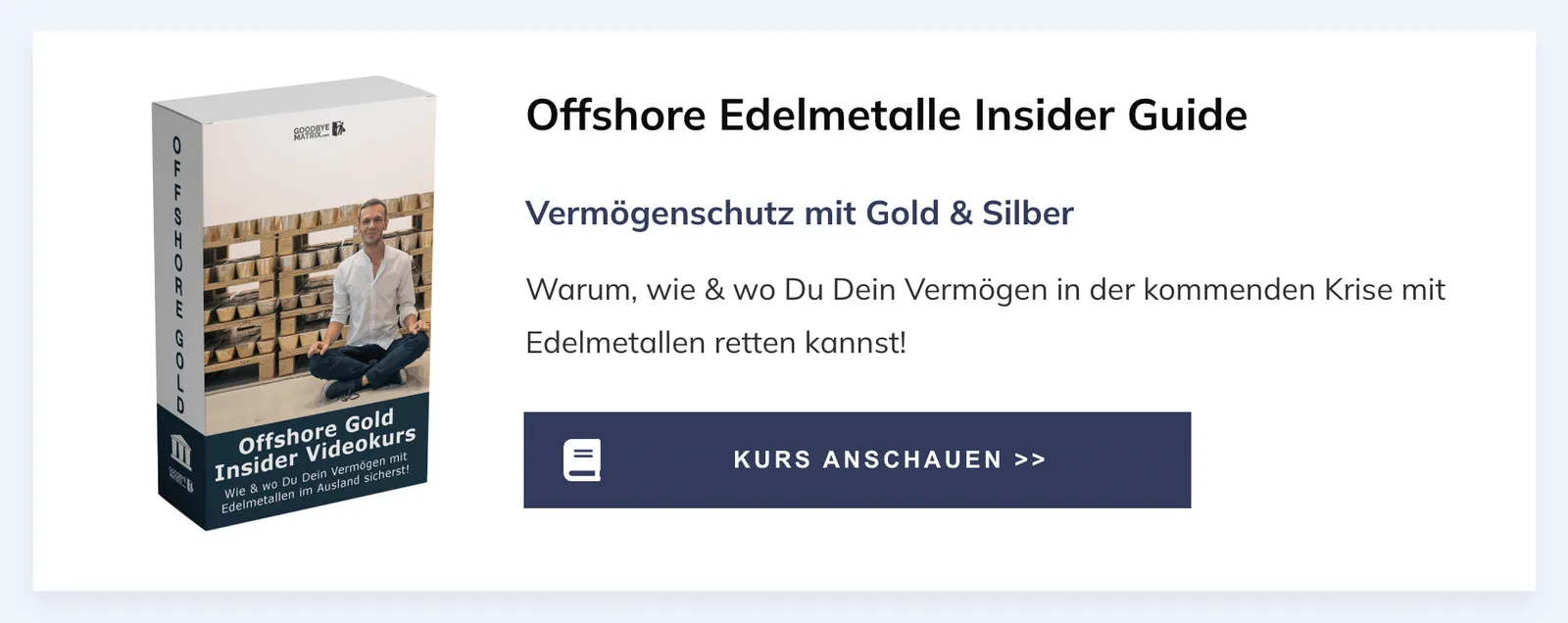 Produktbox für Offshore Edelmetalle Insider Guide mit Mann vor Goldbarren-Regal, Text zu Gold & Silber Vermögensschutz