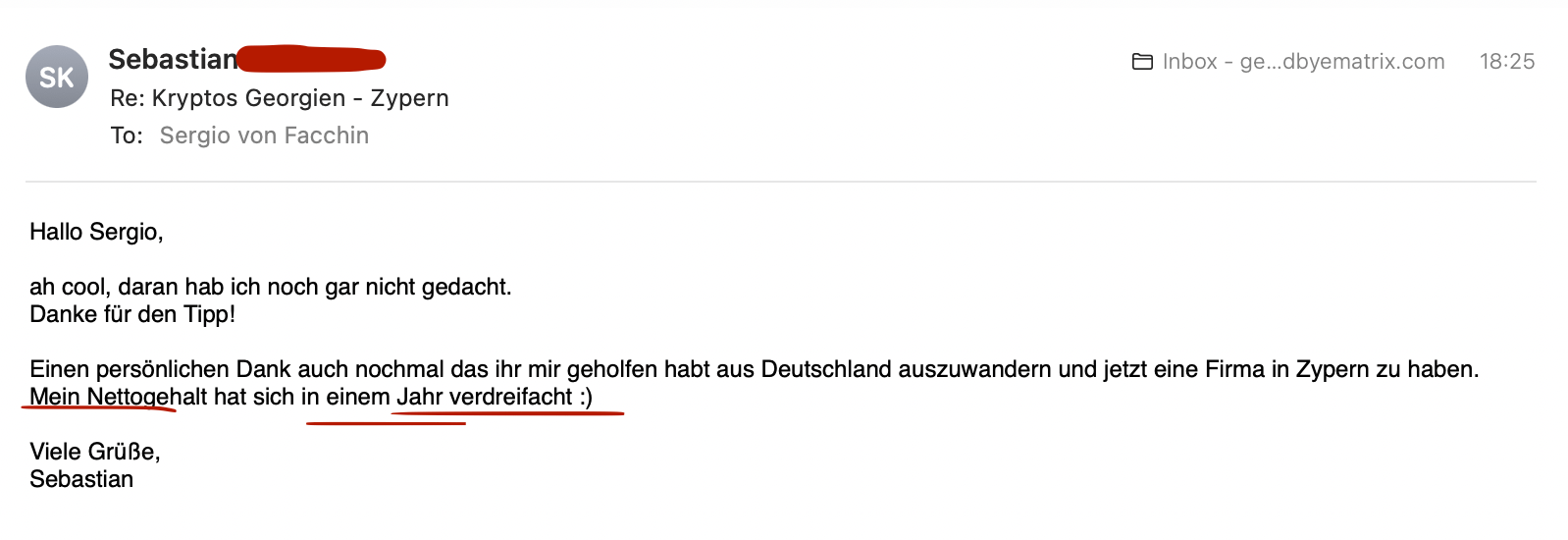 E-Mail von Sebastian an Sergio von Facchin mit Dankschreiben zu Auswanderungstipps nach Zypern