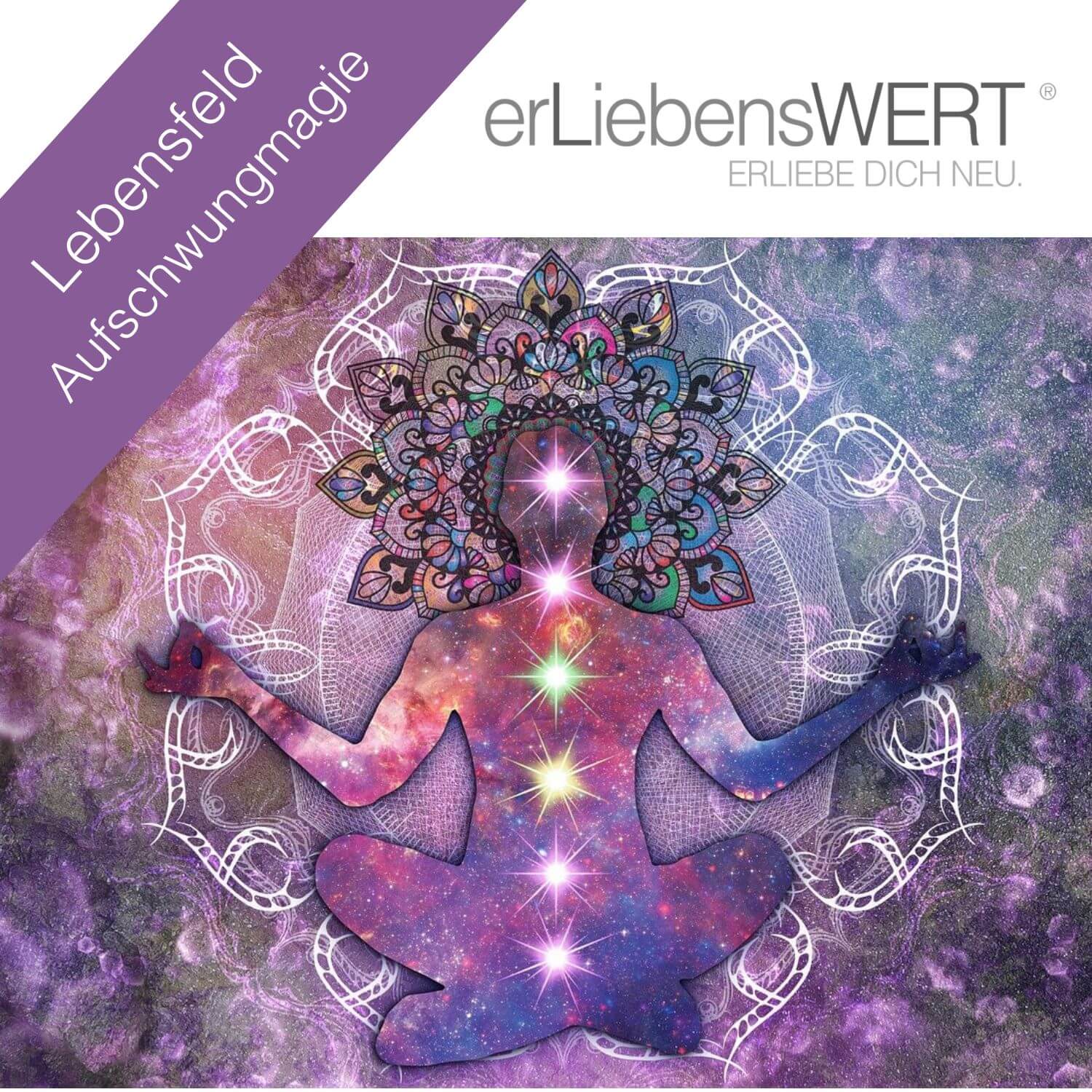 Meditierender Mensch mit kosmischem Mandala-Muster und Lichtstrahlen, Lebensfeld Aufchwungmagie