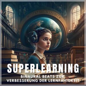 Mädchen mit Kopfhörern vor Globus in Bibliothek - Superlearning Cover