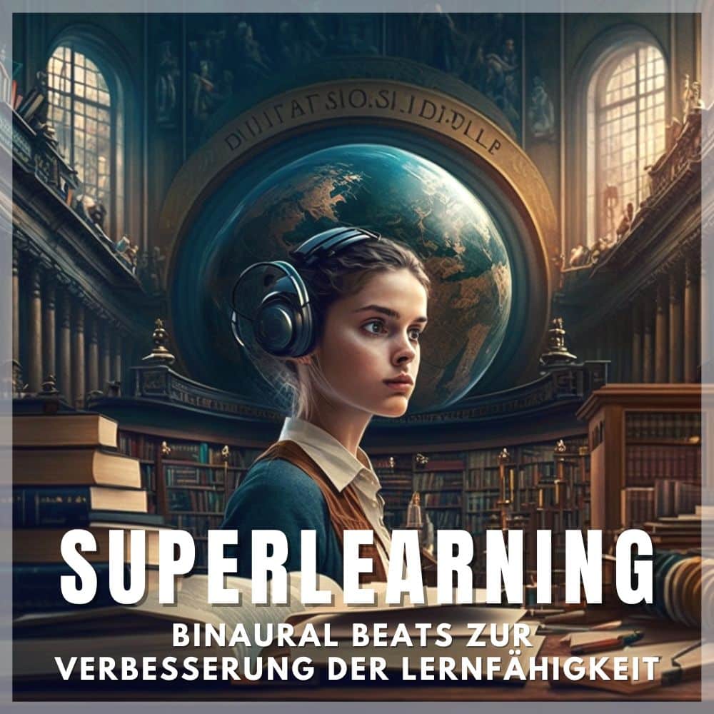 Mädchen mit Kopfhörern vor Globus in Bibliothek - Superlearning Cover