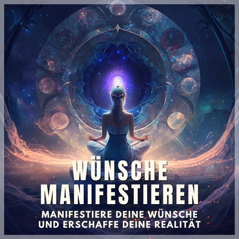 Frau meditiert vor kosmischem Mandala-Portal mit Licht und Energiefluss