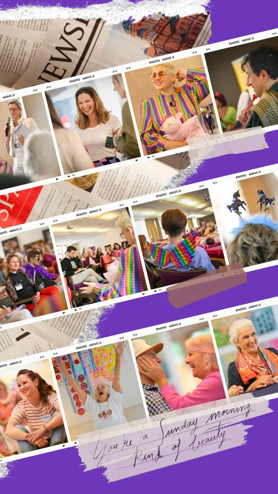 Collage von Fotos aus Geführte Körperarbeiten Event mit Regenbogen-Elementen und Handschrift
