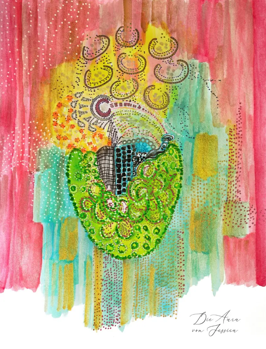 Kunstwerk Die Aura von Jessica abstraktes Regenbogen-Gemälde mit Schmetterling und Mustern