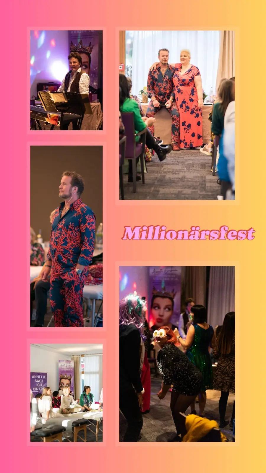 Millionärsfest Foto-Montage mit Annette Grübnau und Teilnehmern in farbenfroher Kleidung