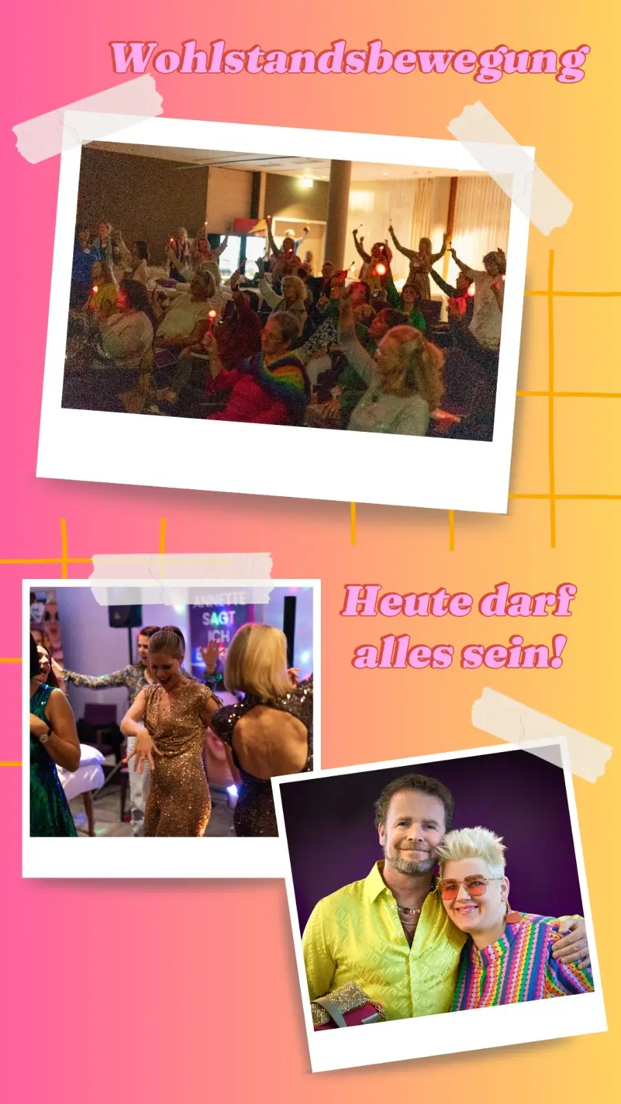 Wohlstandsbewegung Event mit tanzenden Teilnehmern und Annette Grübnau in Regenbogen-Outfit