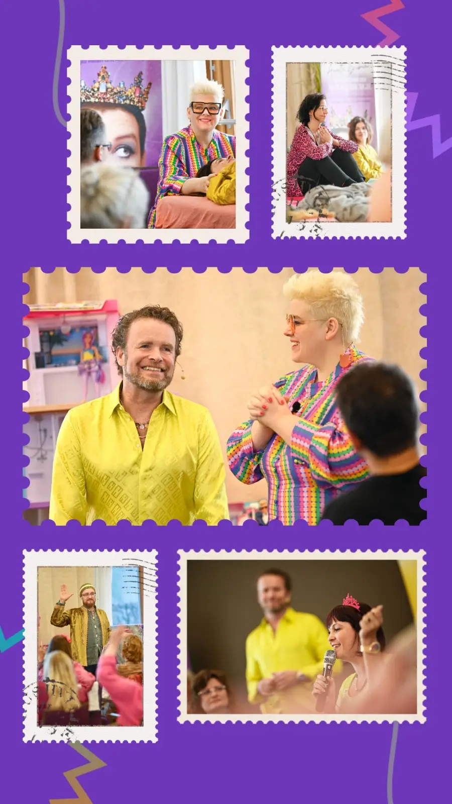 Sechs Briefmarken-Rahmen-Fotos vom Event mit Annette Grübnau auf violettem Hintergrund