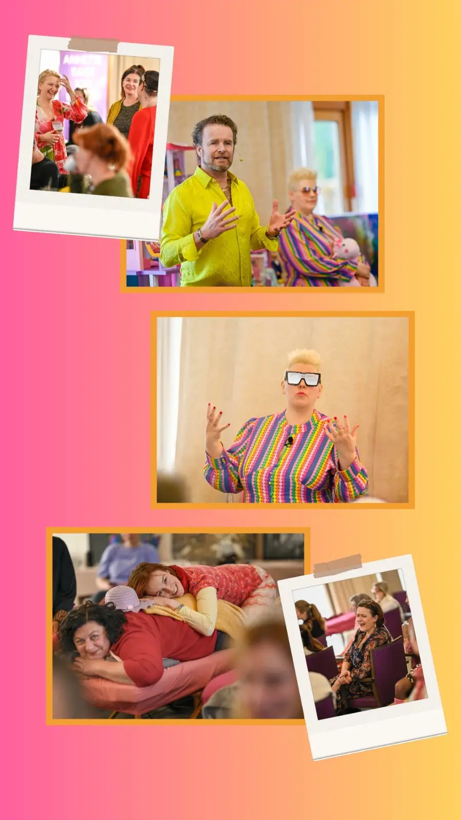 Polaroid-Stil Collage mit fünf Event-Fotos auf Gradient-Hintergrund Rosa-Orange-Gelb