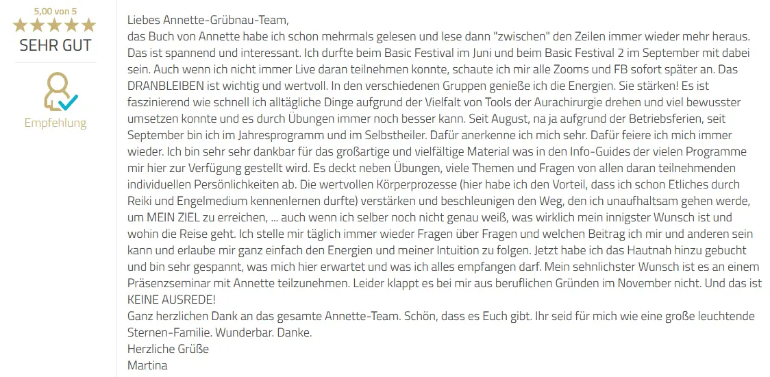 Kundenempfehlung von Martina über Das All In Programm und Buch mit 5 Sternen Sehr Gut