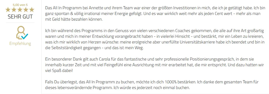 Kundenempfehlung von Gianna Hessel über All In Programm mit 5 Sternen Sehr Gut