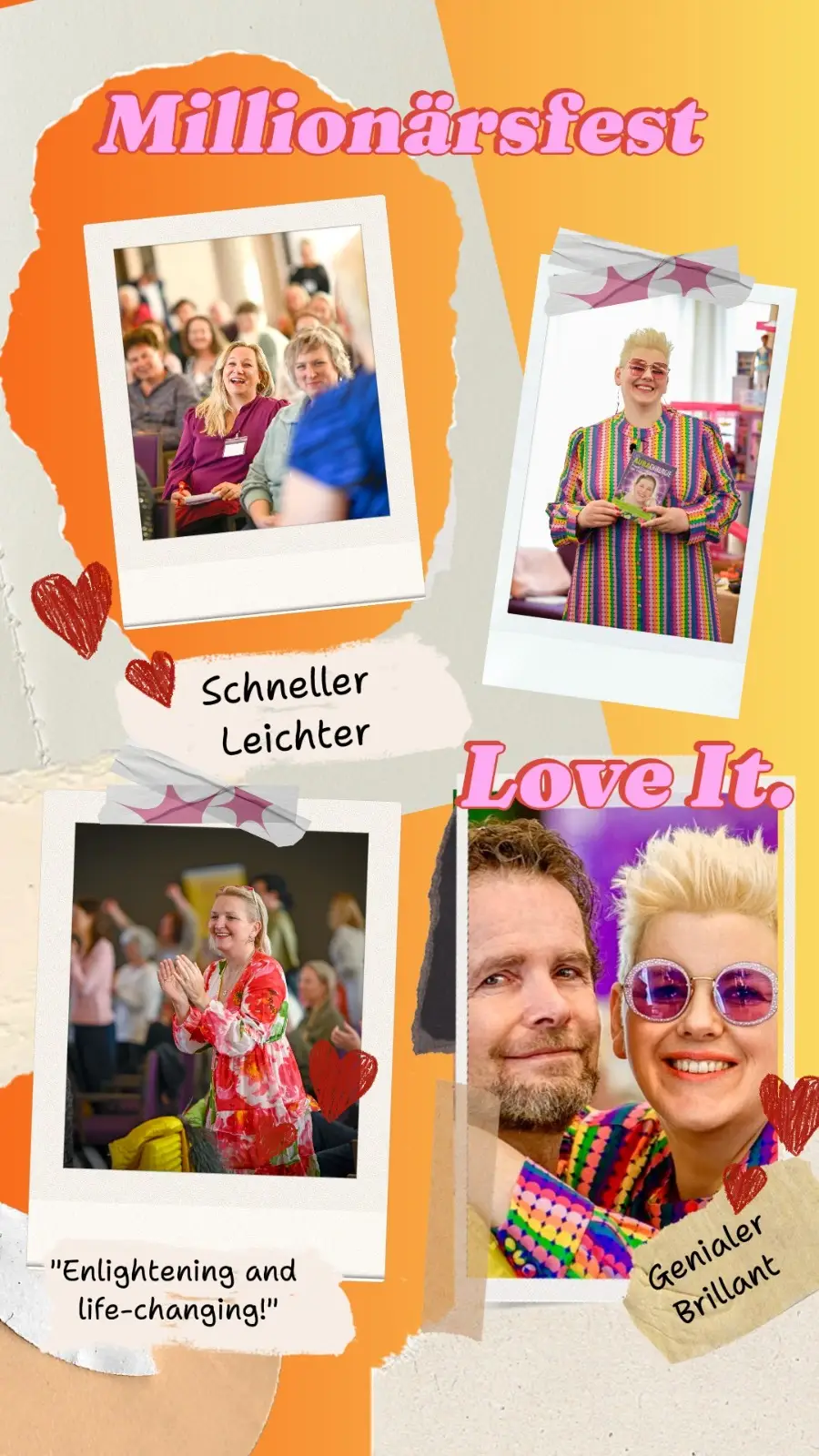 Millionärsfest Collage mit vier Fotos, Annette Grübnau in Regenbogenkleidung mit Zitaten