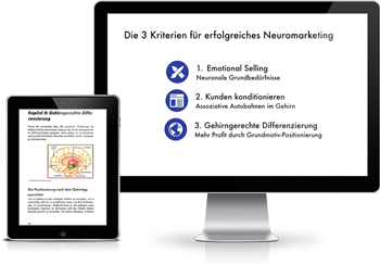 Hero-Bild mit Tablet und Desktop-Monitor zeigt die 3 Kriterien für erfolgreiches Neuromarketing: Emotional Selling, Kunden ko