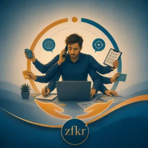 becomePro 3 Illustration eines Mannes mit mehreren Armen jongliert Arbeitsmaterialien, umgeben von Gehirn- und Fokus-Symbolen in Blau und