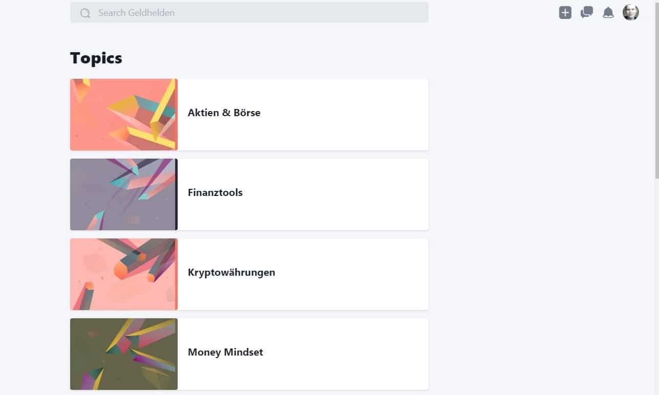 Screenshot der Topics-Seite der Geldhelden Academy mit vier Kategorien
