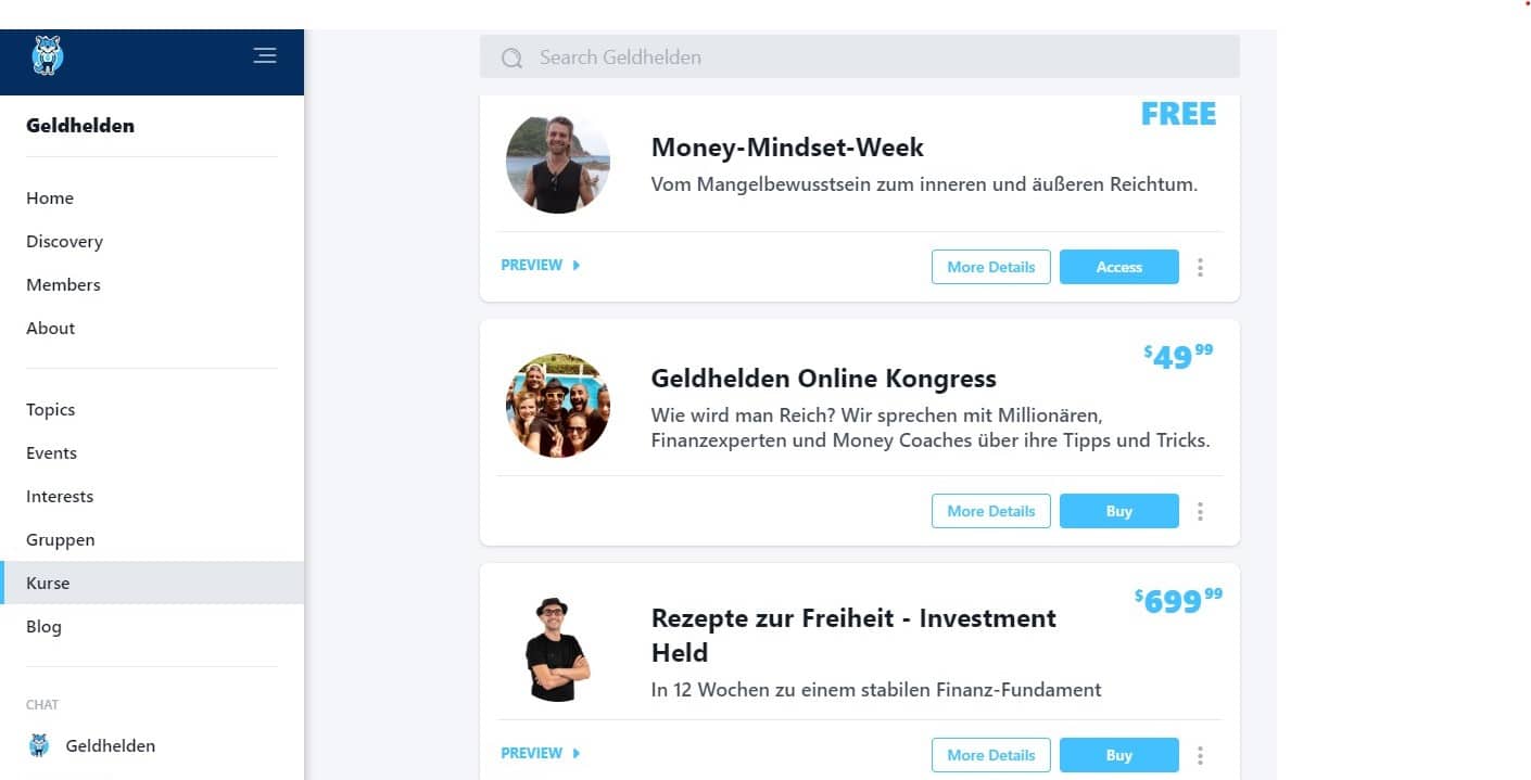 Screenshot der Kurse-Seite der Geldhelden Academy mit drei Kursangeboten