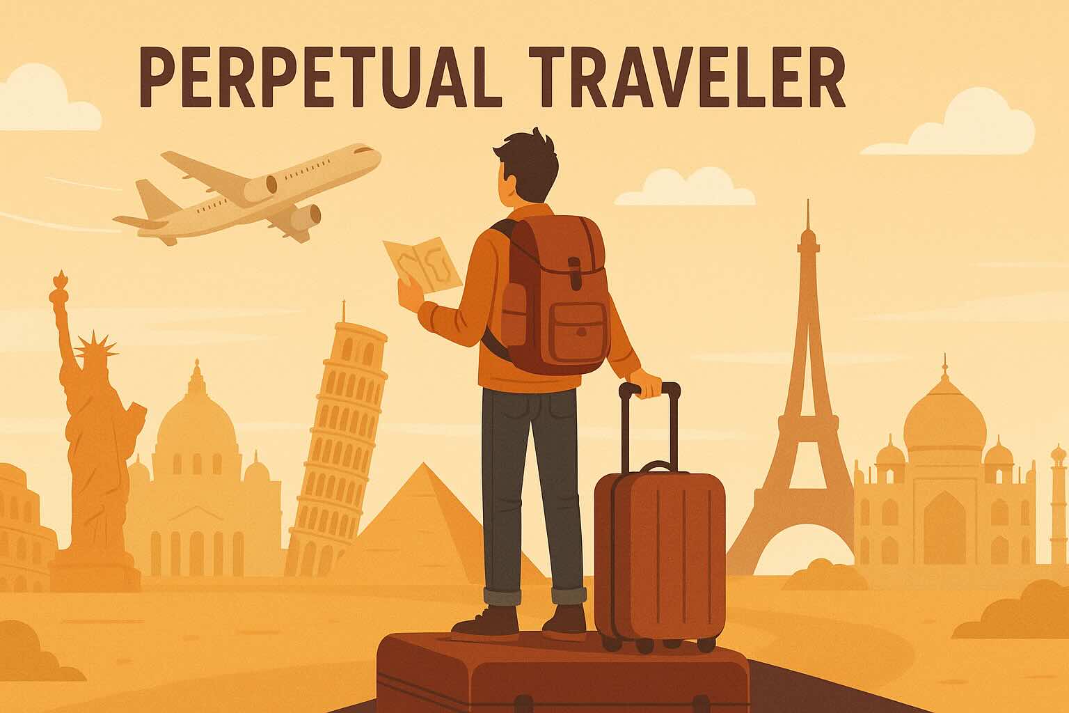 Illustration eines Perpetual Travelers mit Rucksack, Koffer und Karte vor Weltwunder-Skyline