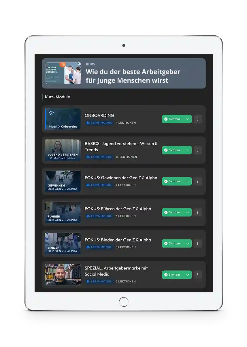 Tablet-Mockup mit Kursmodulen Onboarding, Grundlagen, Fokus