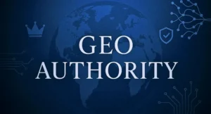 GEO Authority Videokurs Hero-Banner mit Weltkarte, Krone, Schild und Netzwerk-Grafiken auf blauem Hintergrund