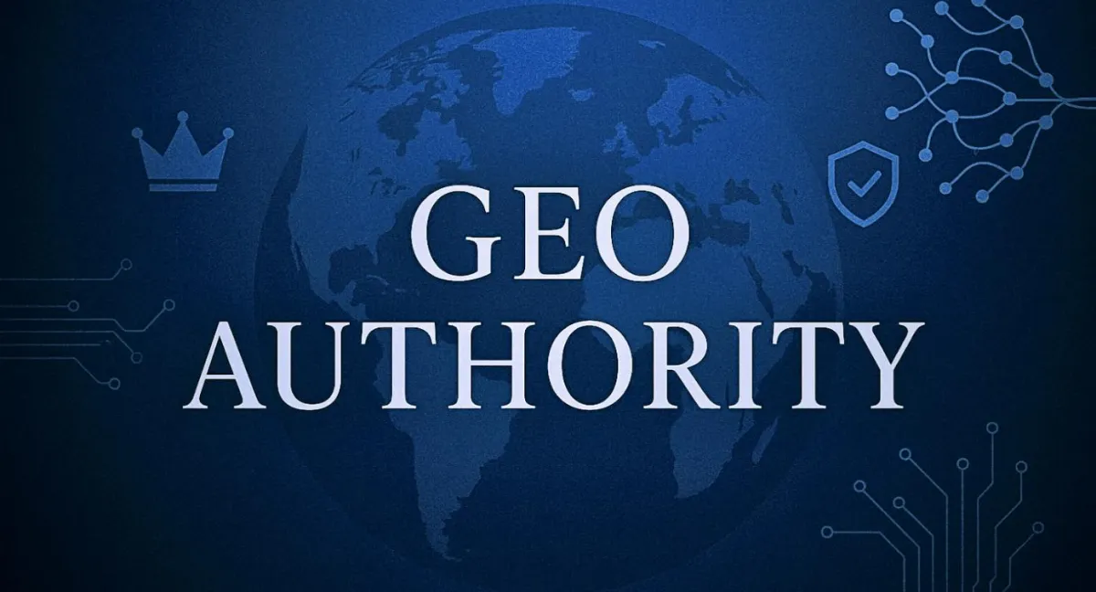 GEO Authority Premium-Banner mit Weltkarte, Krone, Netzwerk-Icon und Sicherheitsschild auf blauem Tech-Hintergrund