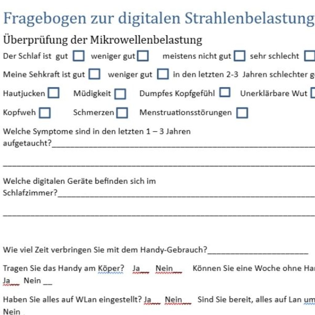 Fragebogen zur digitalen Strahlenbelastung mit Checkboxen und Eingabefeldern