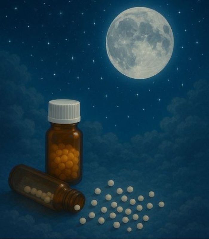 Nachthimmel mit Mond und zwei Globuli-Flaschen auf dunkelblauem Hintergrund