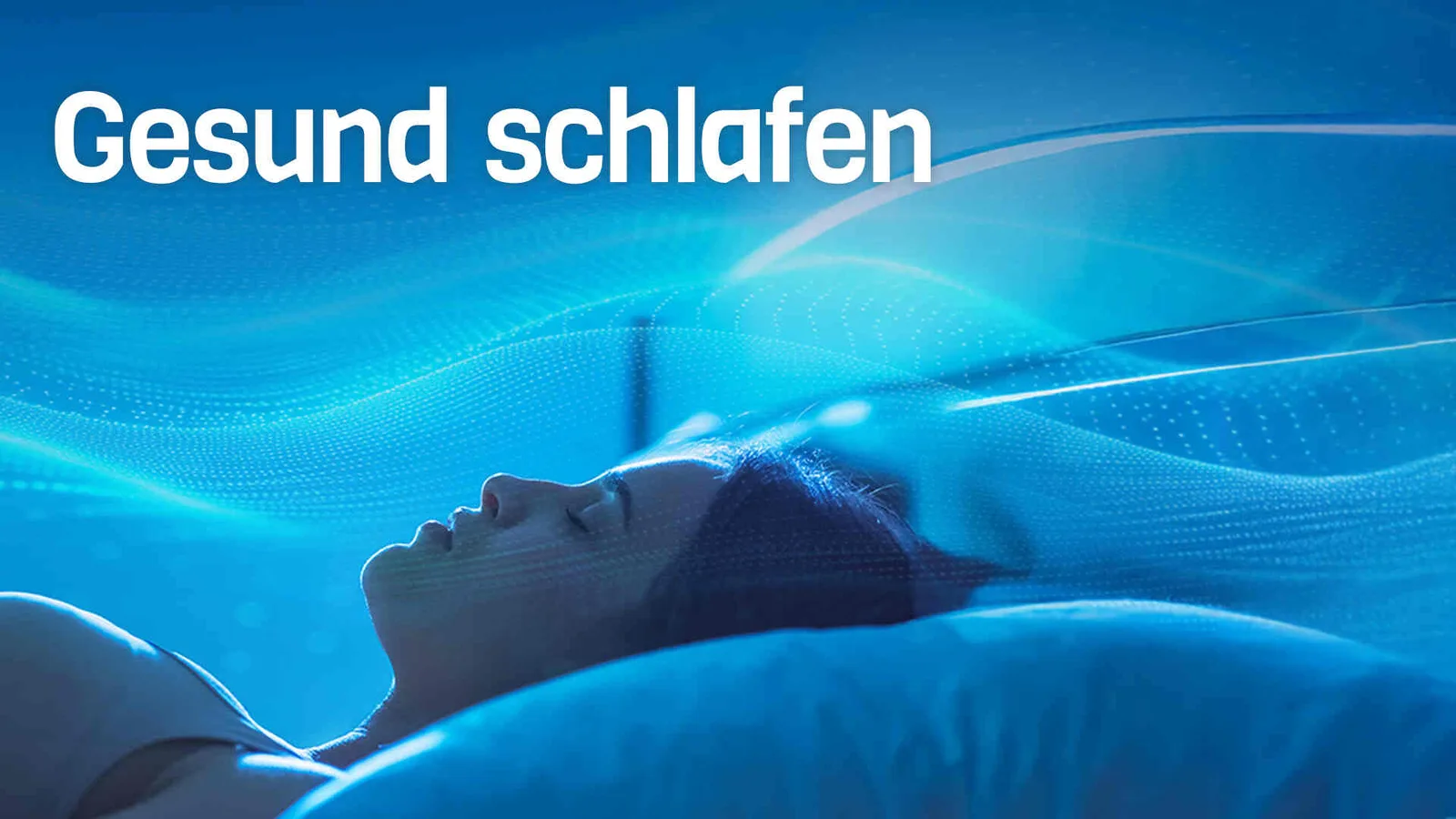 Hero-Banner zum Kurs Gesund schlafen mit blauem Farbverlauf und schlafender Person