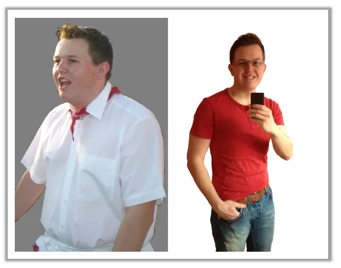 Vorher-Nachher-Vergleich mit Rahmen: links übergewichtiger Mann im weißen Hemd, rechts schlanker Mann im roten T-Shirt