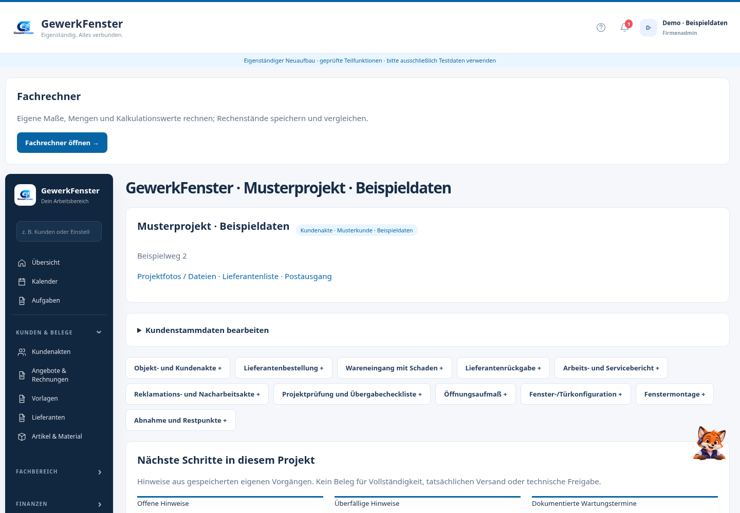 GewerkFenster – Fenster und Haustüren konfigurieren 9 GewerkFenster-Dashboard für Musterprojekt mit erweiterten Aufgaben und Fachrechner-Funktion in 1440px Auflösung