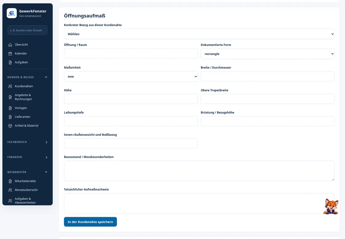 GewerkFenster – Fenster und Haustüren konfigurieren 7 GewerkFenster-Formular zum Dokumentieren von Fensteraufmaßen mit Eingabefeldern für Öffnungsgröße, Maße und Baudokumentation