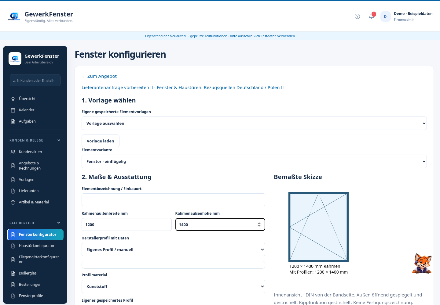 GewerkFenster – Fenster und Haustüren konfigurieren 11 GewerkFenster-Fensterkonfigurator mit Vorlagenverwaltung, Maßeingabe und Fenster-Skizze in 1440px Auflösung