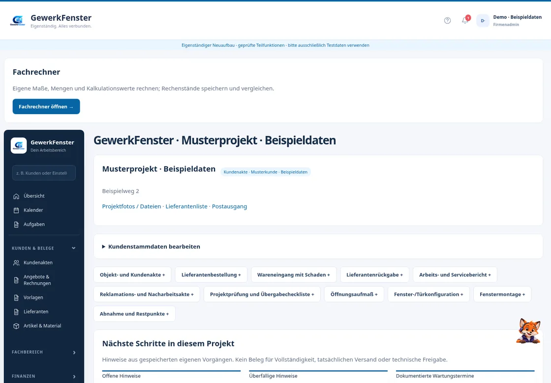 GewerkFenster – Fenster und Haustüren konfigurieren 8 GewerkFenster-Dashboard für Musterprojekt mit Fachrechner, Kundendatenbearbeitung und Aufgaben-Shortcuts in 1120px Breite