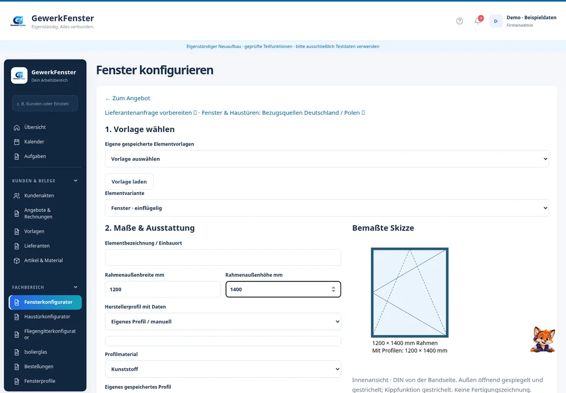 GewerkFenster – Fenster und Haustüren konfigurieren 10 GewerkFenster-Fensterkonfigurator mit Vorlage, Maßeingabe und Skizze in 1120px Ansicht