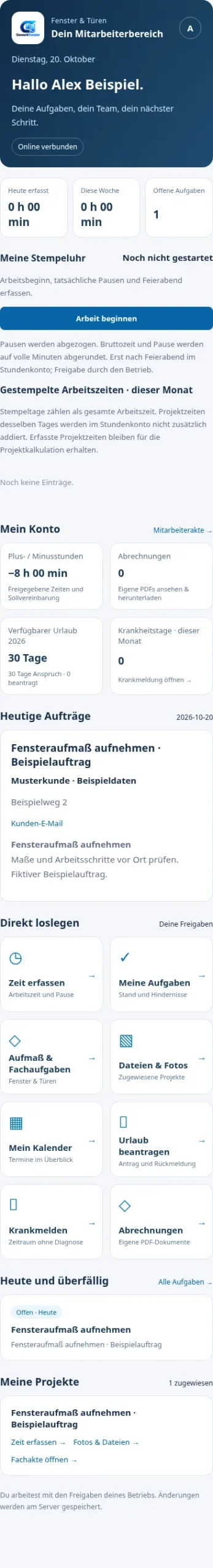 GewerkFenster – Fenster und Haustüren konfigurieren 12 GewerkFenster Mitarbeiter-App für Smartphone mit Zeiterfassung, Urlaubskonto, Aufträgen und Projektinformationen