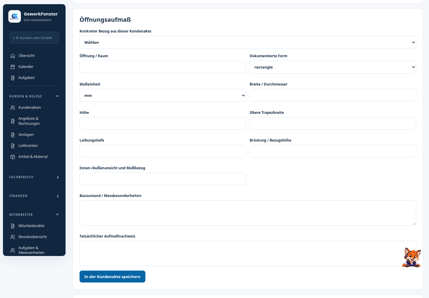 GewerkFenster – Fenster und Haustüren konfigurieren 6 GewerkFenster-Anwendung mit Fensteraufmaß-Formular, Navigationsmenü und Eingabefeldern für Fenstermaße in höherer Auflösung