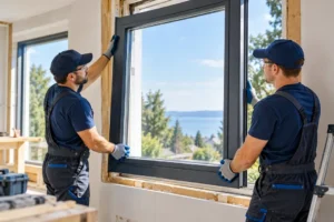 becomePro 1 Zwei Handwerker installieren ein großes schwarzes Kunststofffenster mit Blick auf Wald und See