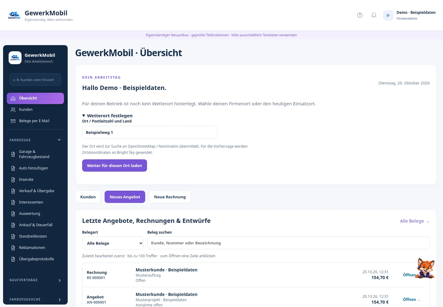 GewerkMobil-Übersicht in der Webanwendung, Dashboard mit Wettererkennung, Kundenbereich und Fahrzeugverwaltung für Demo-Beisp