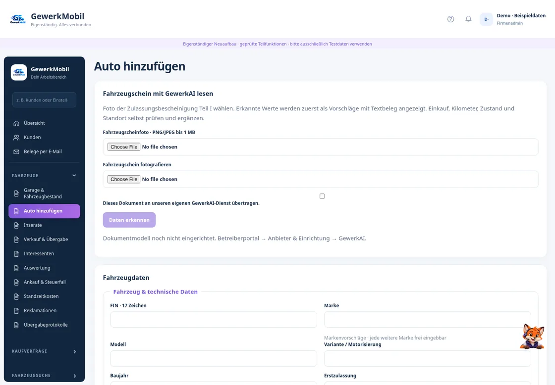GewerkMobil Auto hinzufügen Formular mit Fahrzeugschein-Upload und GewerkAI-Integration auf Mobile-Ansicht