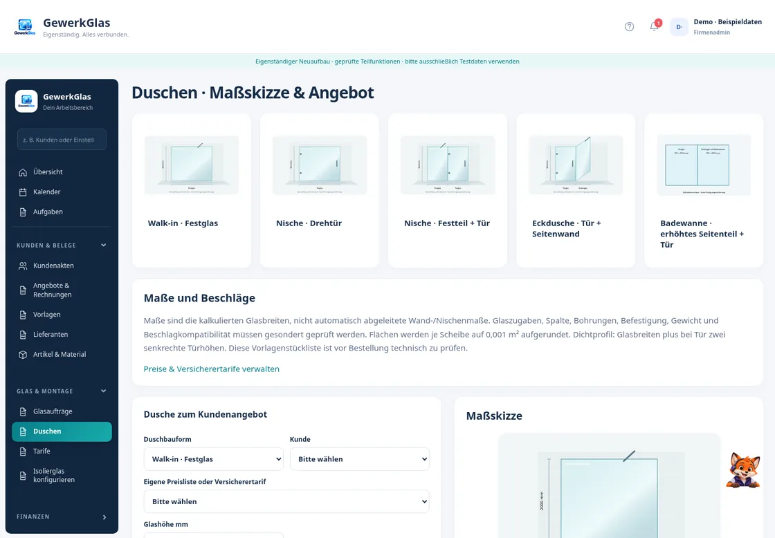 GewerkGlas Duschen Maßskizze und Angebot mit fünf verschiedenen Duschtypen und Maßeingabe-Formular in Mobile-Ansicht