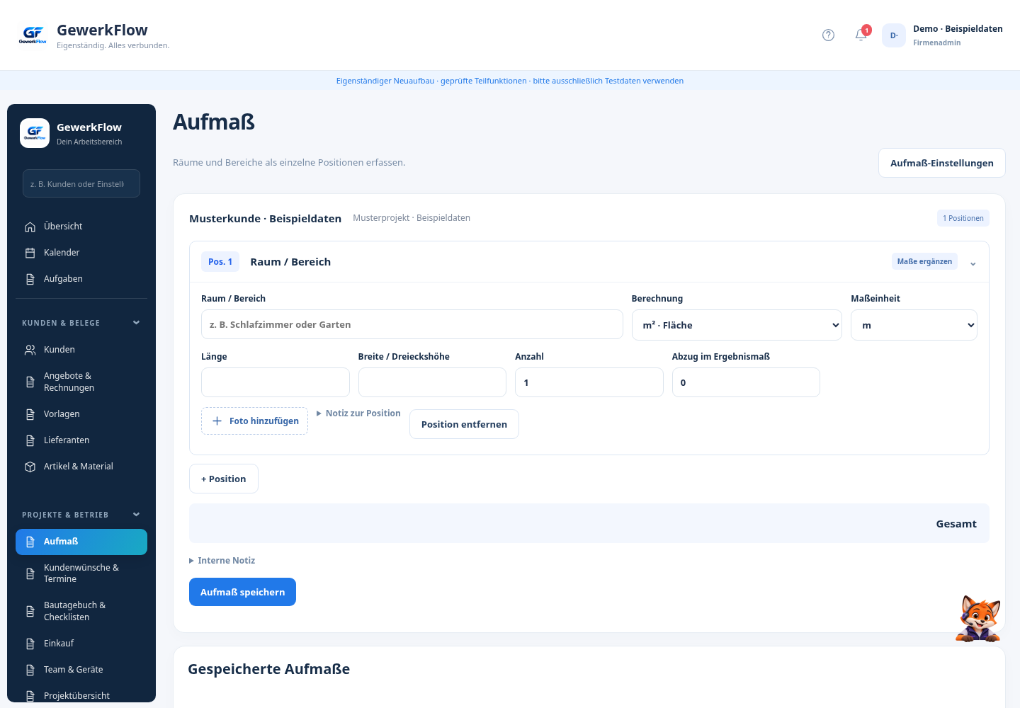 GewerkFlow Aufmaß-Modul in Desktop-Ansicht mit Formularfeldern und Speicherfunktion