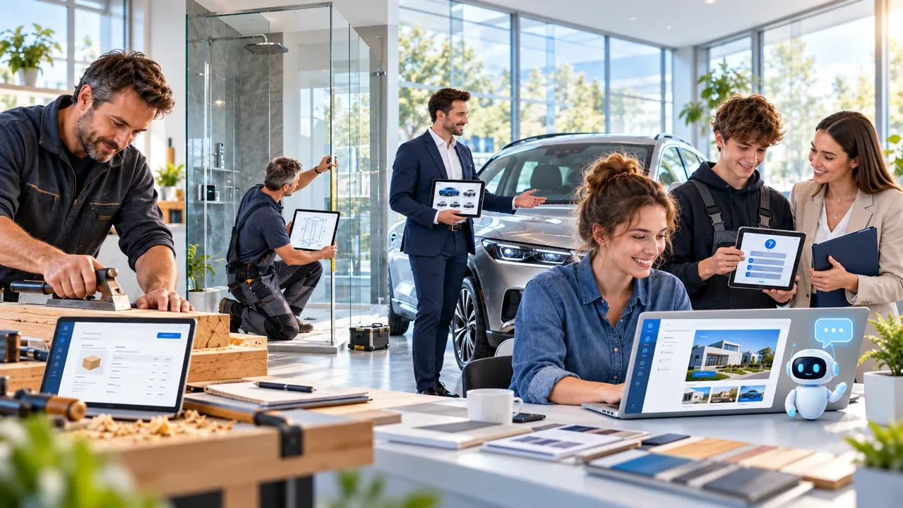 Moderne Autowerkstatt mit Mitarbeitern, die an Tablets und Laptops mit GewerkFlow-Software arbeiten, im Hintergrund ein silbe