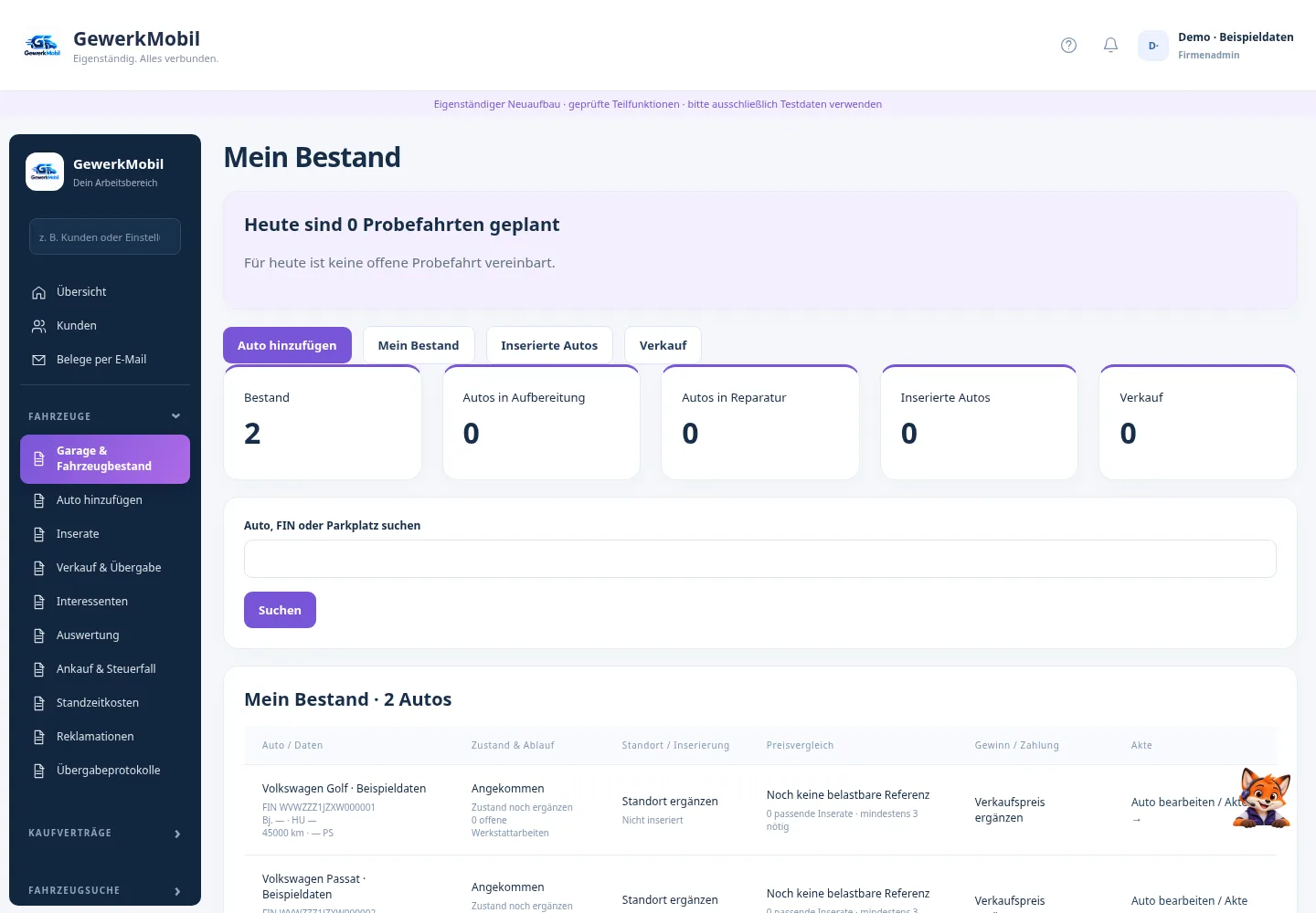 GewerkMobil Desktop-Ansicht des Bestandsmanagements mit Fahrzeugliste und Filterfunktionen