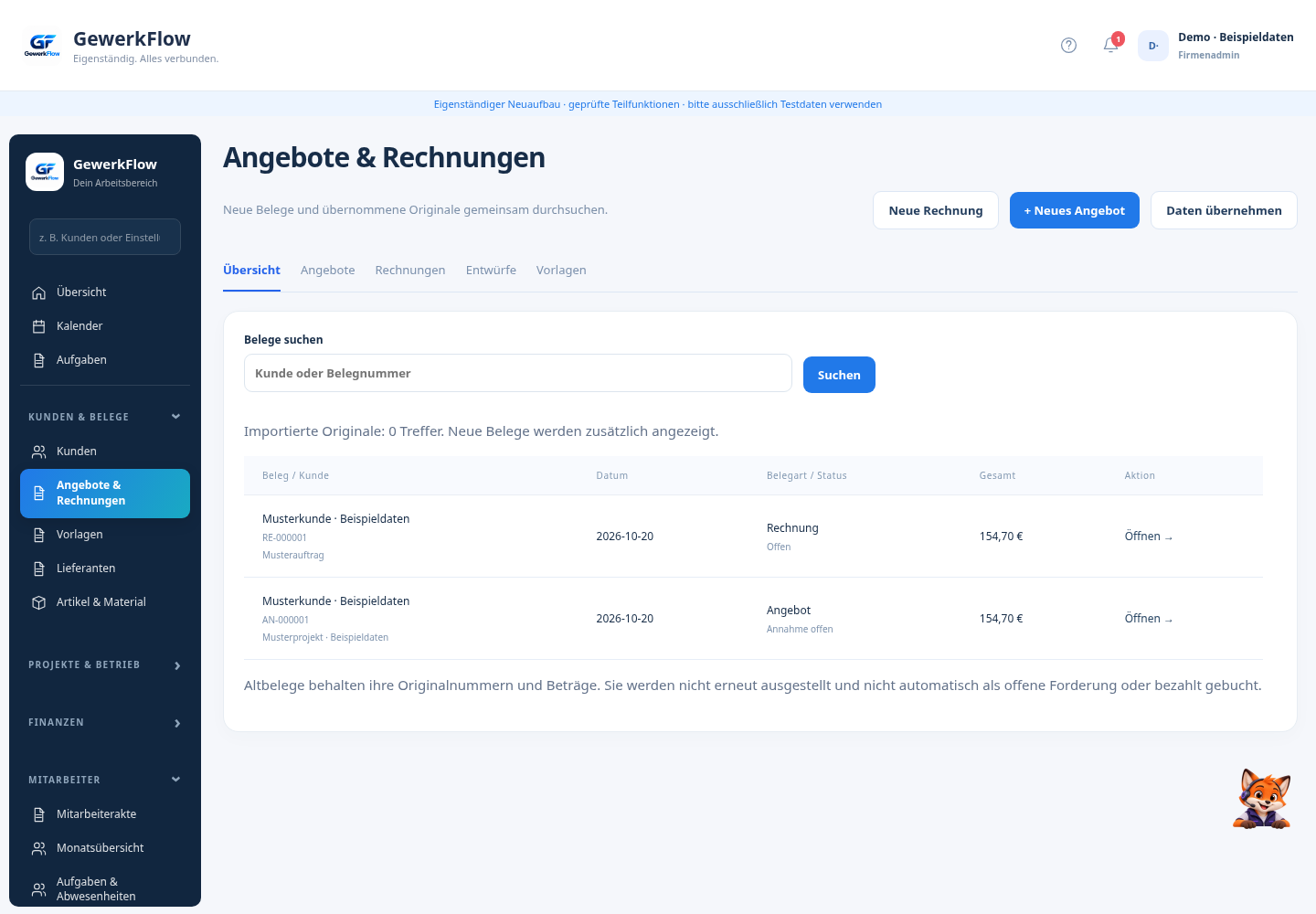 GewerkFlow Angebote & Rechnungen Modul in Desktop-Auflösung mit erweiterten Funktionen