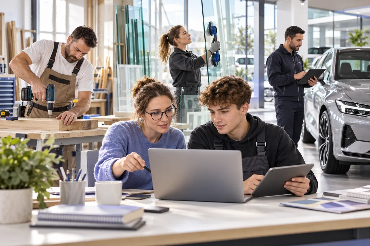 GewerkFlow Handwerkersoftware mit Mitarbeitern in Glaserei und Autohandel bei der Arbeit
